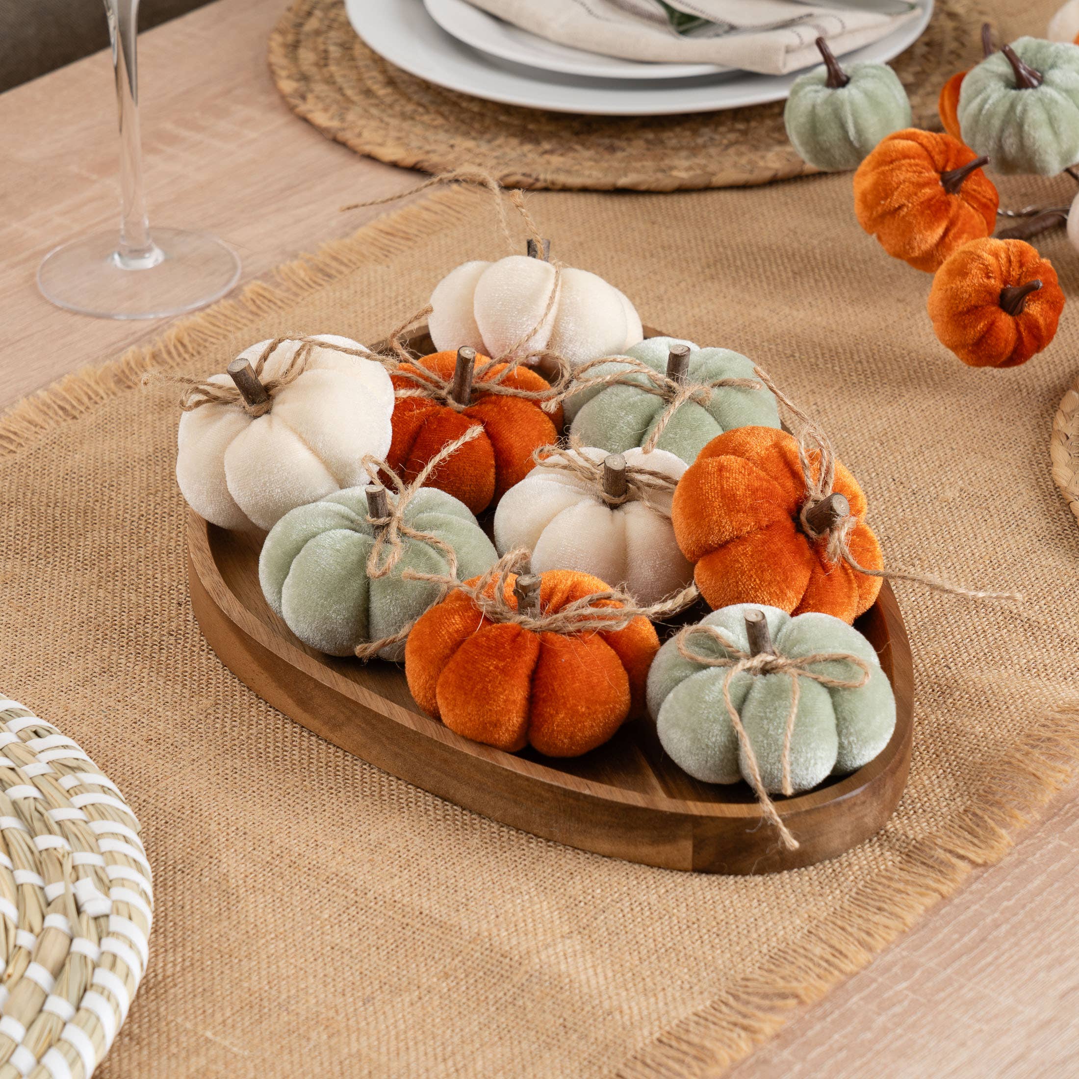 Set of 9 Decorative Pumpkins - Orange-Mint-Cream - SEL2393