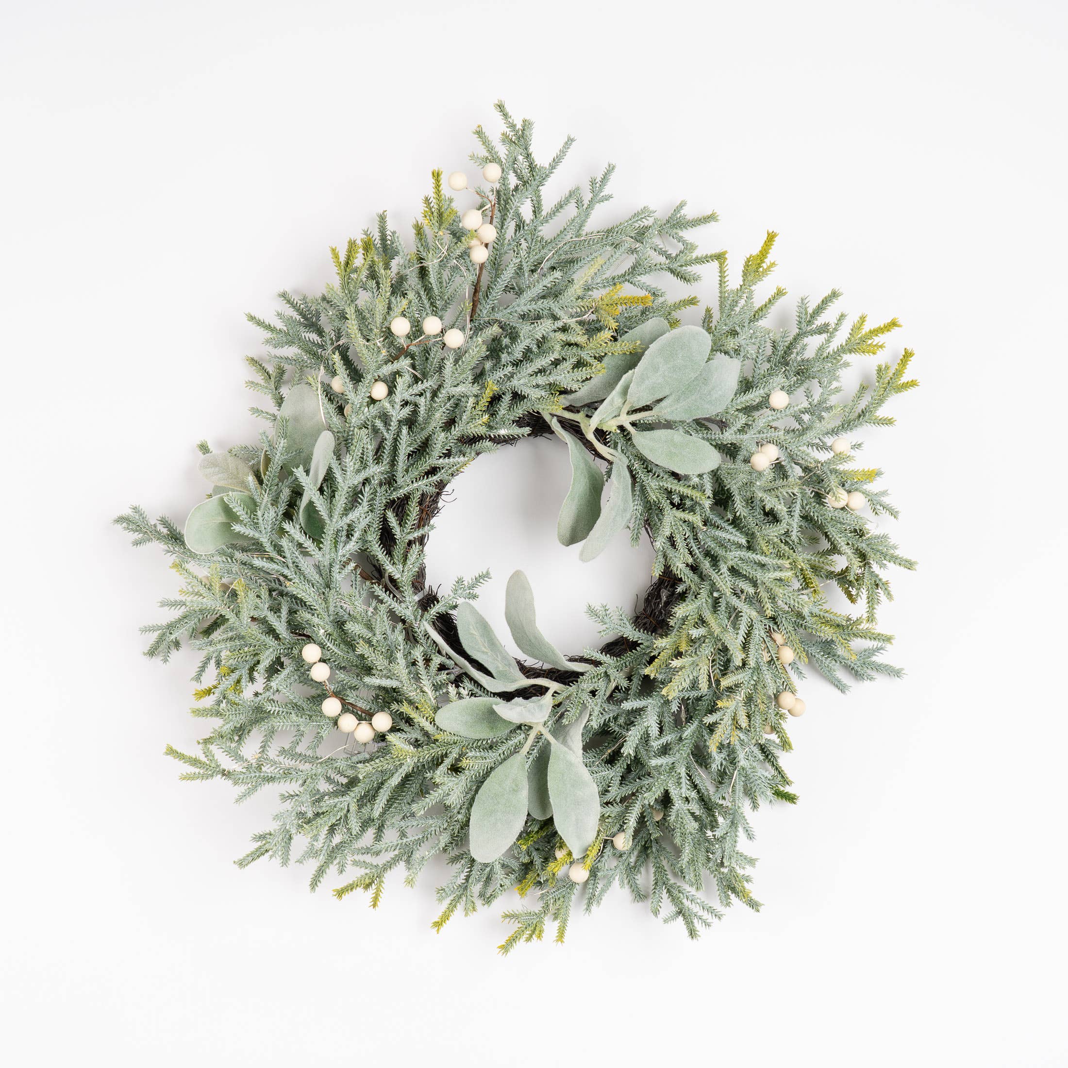 45cm Pre-Lit Frosted Wreath with Lambs Ear - SEL2430