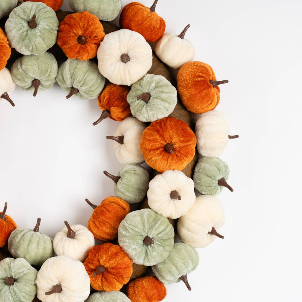 43cm Velvet Pumpkin Wreath - Orange-Mint-Cream - SEL2395