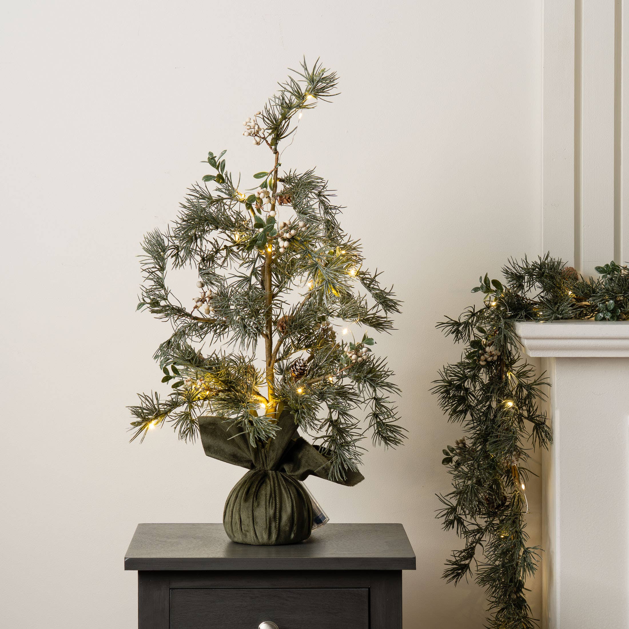 60cm Natural Feel Tree with Lights & Green Velvet Base