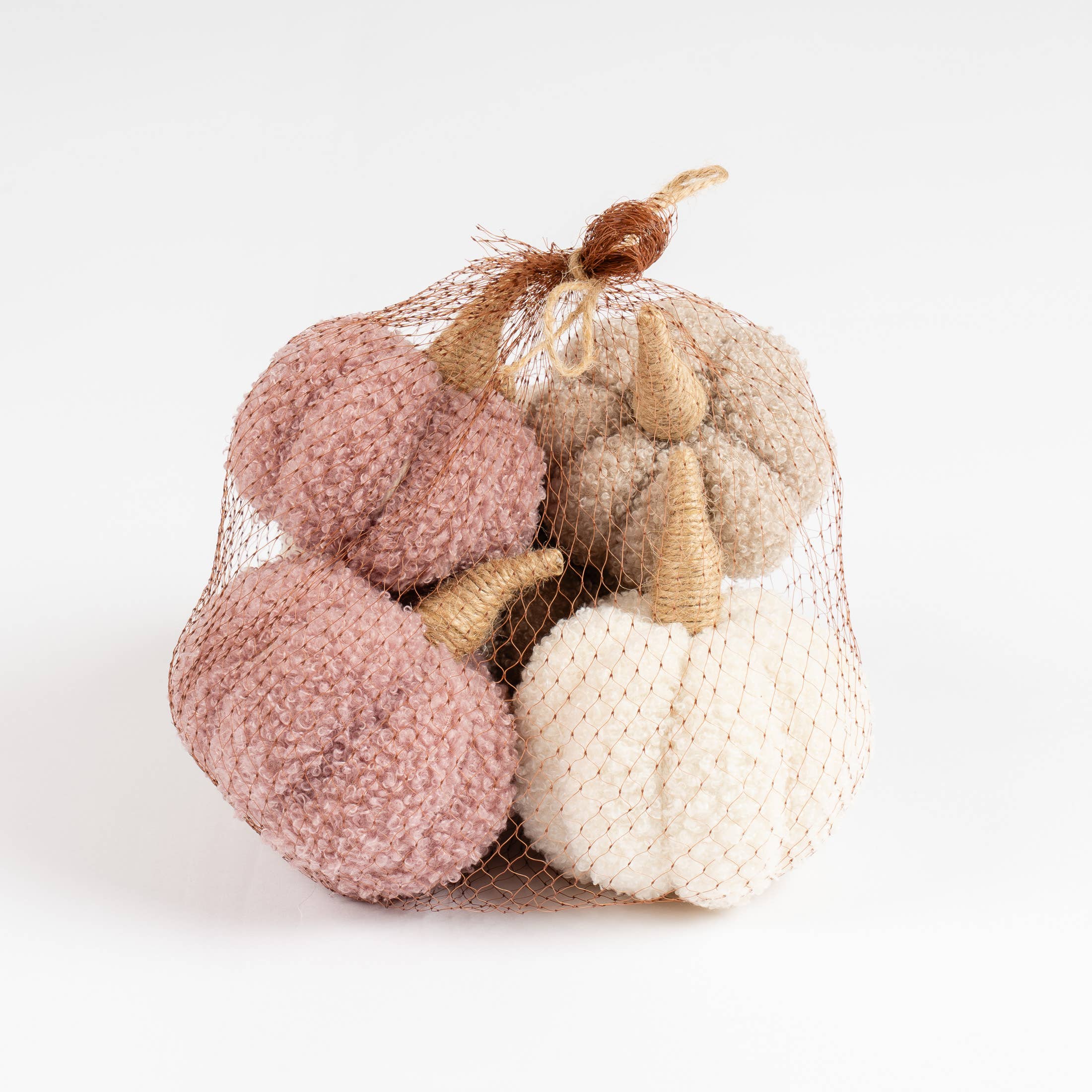 Set of 5 Decorative Boucle Pumpkins Pink Beige