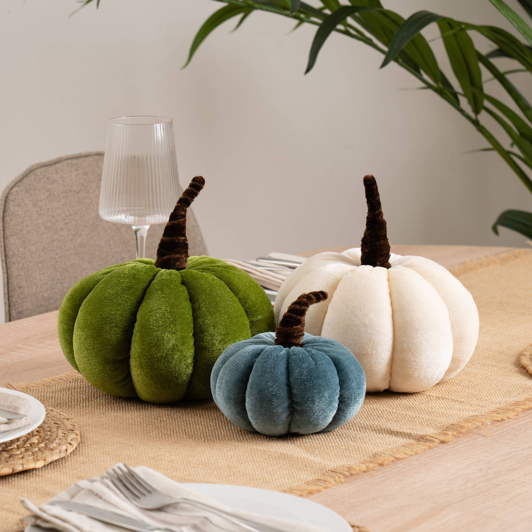 Set of 3 Velvet Plush Pumpkins - Green and Blue - SEL2389