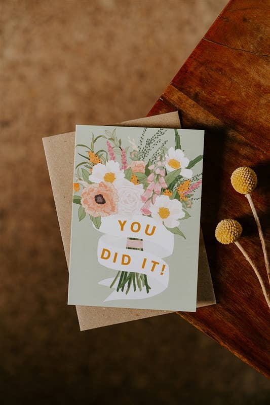 You Did It! Pale Green Floral Bouquet Congratulations Card