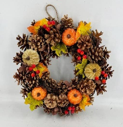 36cm Autumnal Pumpkin and Pinecone Wreath - SEL8002