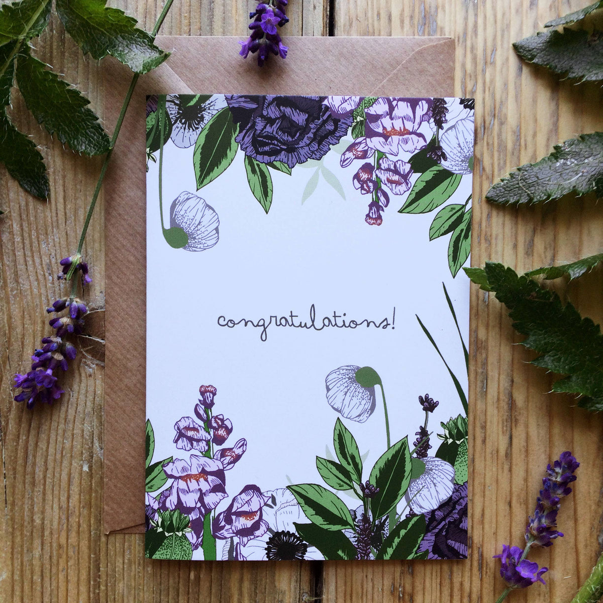 Congratulations! Purple & Green Floral Celebration Card: Cornstarch sleeves