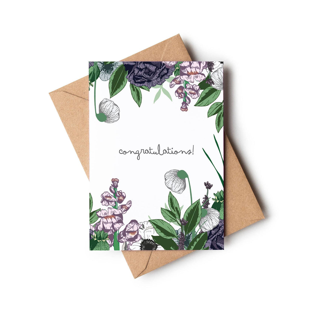 Congratulations! Purple & Green Floral Celebration Card: Cornstarch sleeves