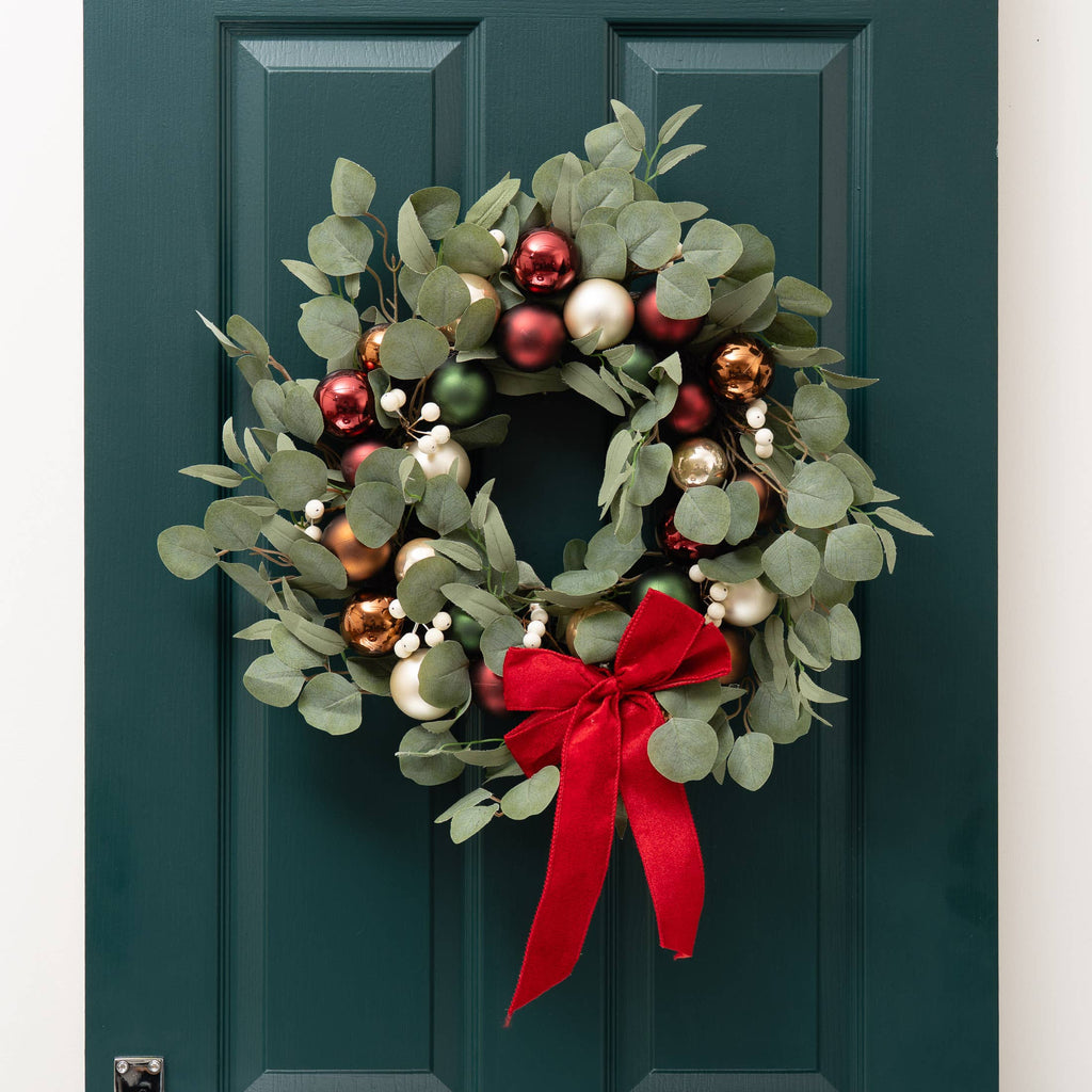 40cm Eucalyptus & Bauble Wreath with Velvet Bow - SEL2470