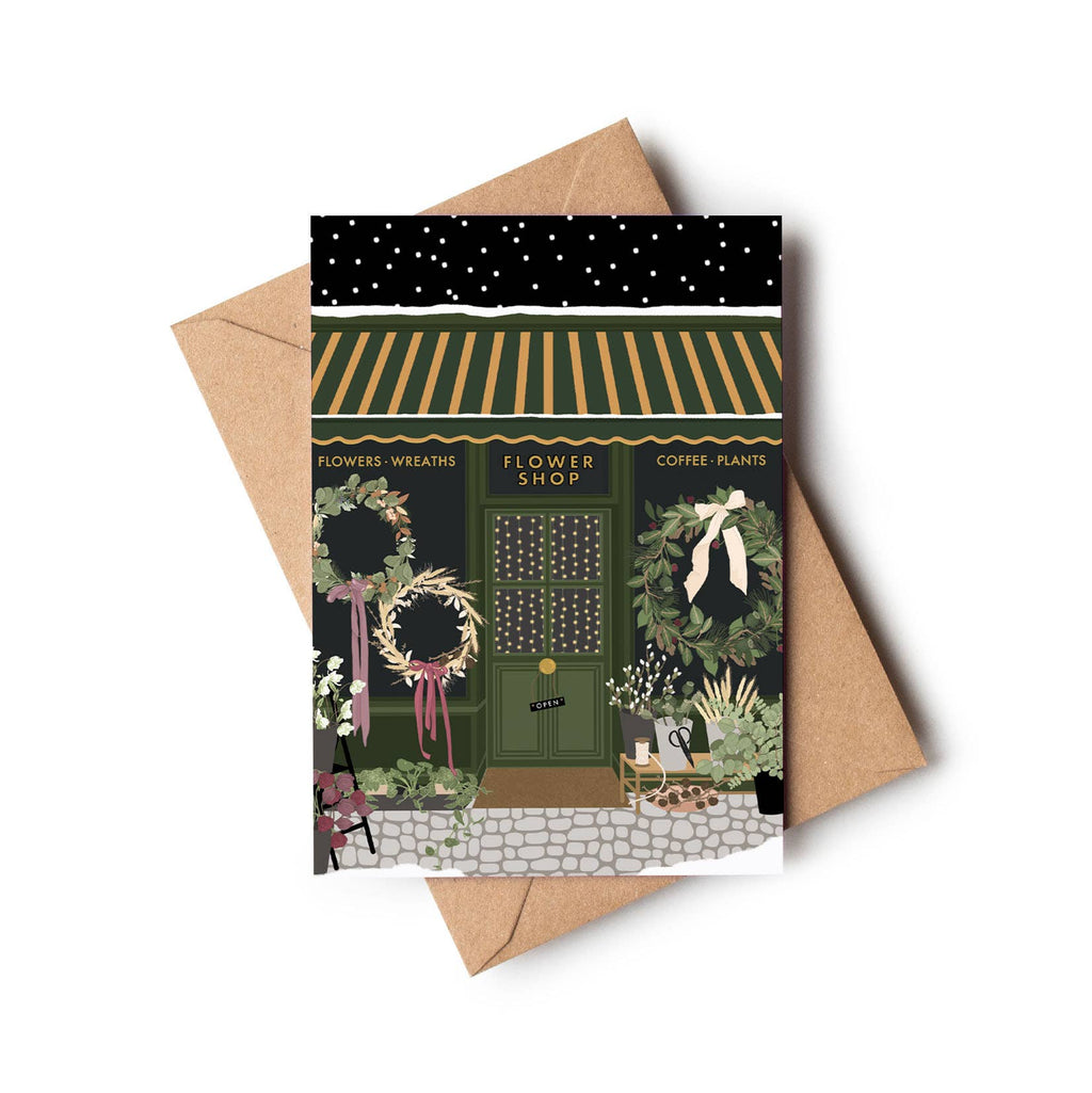 Flower Shop Florist Christmas Window Scene Greetings Card: Cornstarch sleeves