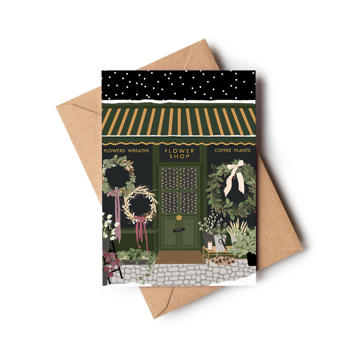 Flower Shop Florist Christmas Window Scene Greetings Card: Cornstarch sleeves