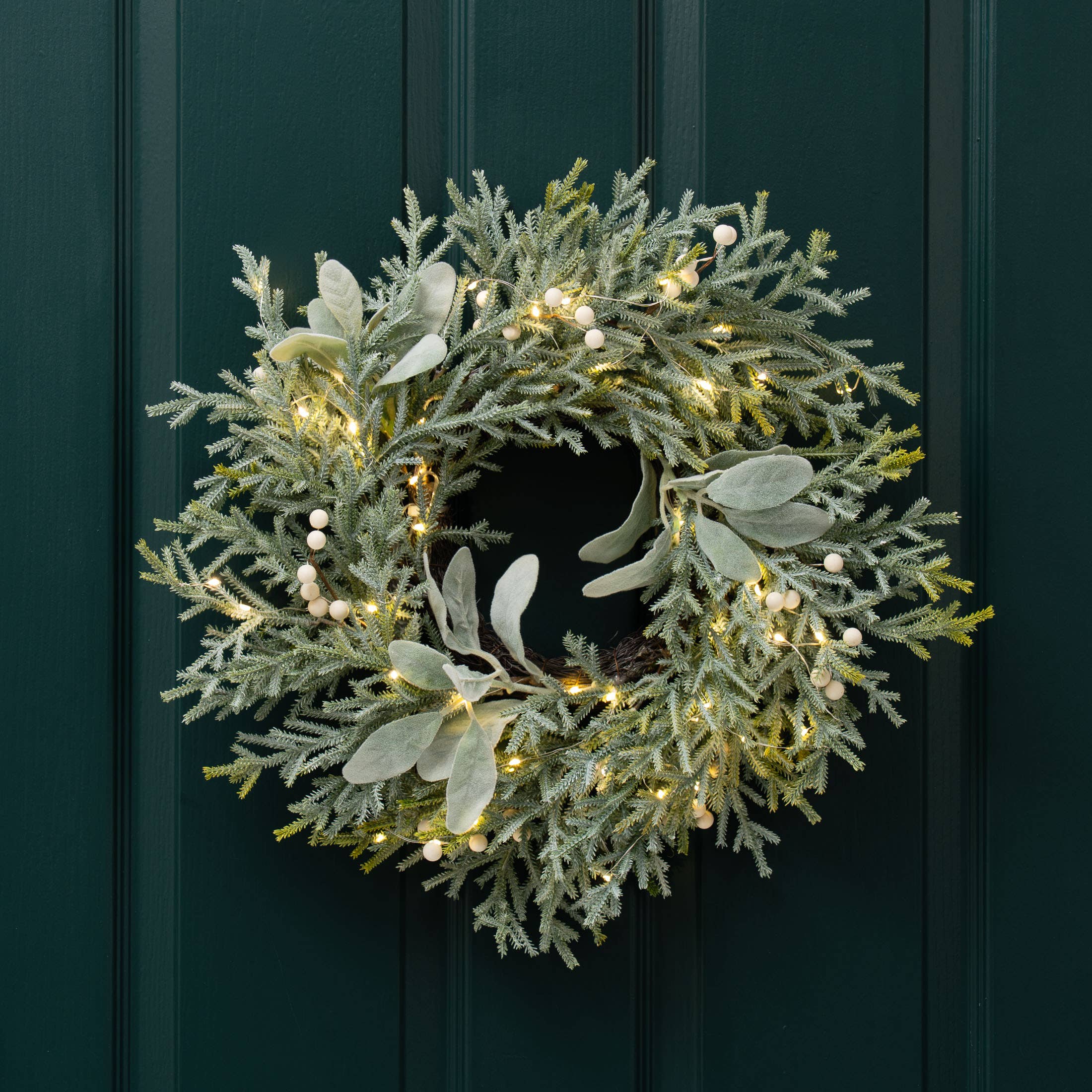 45cm Pre-Lit Frosted Wreath with Lambs Ear - SEL2430