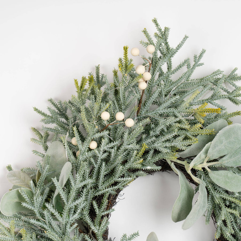 45cm Pre-Lit Frosted Wreath with Lambs Ear - SEL2430