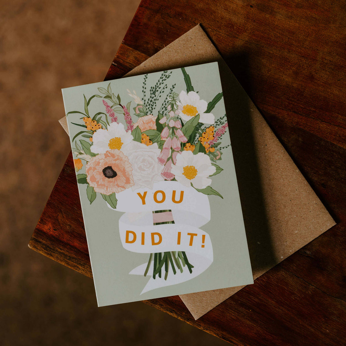 You Did It! Pale Green Floral Bouquet Congratulations Card