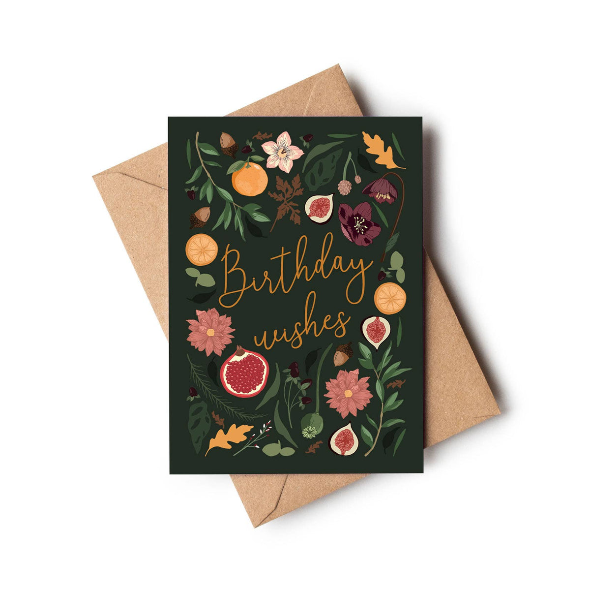 Birthday Wishes Botanical Dark Green Black Greeting Card: Cornstarch sleeves