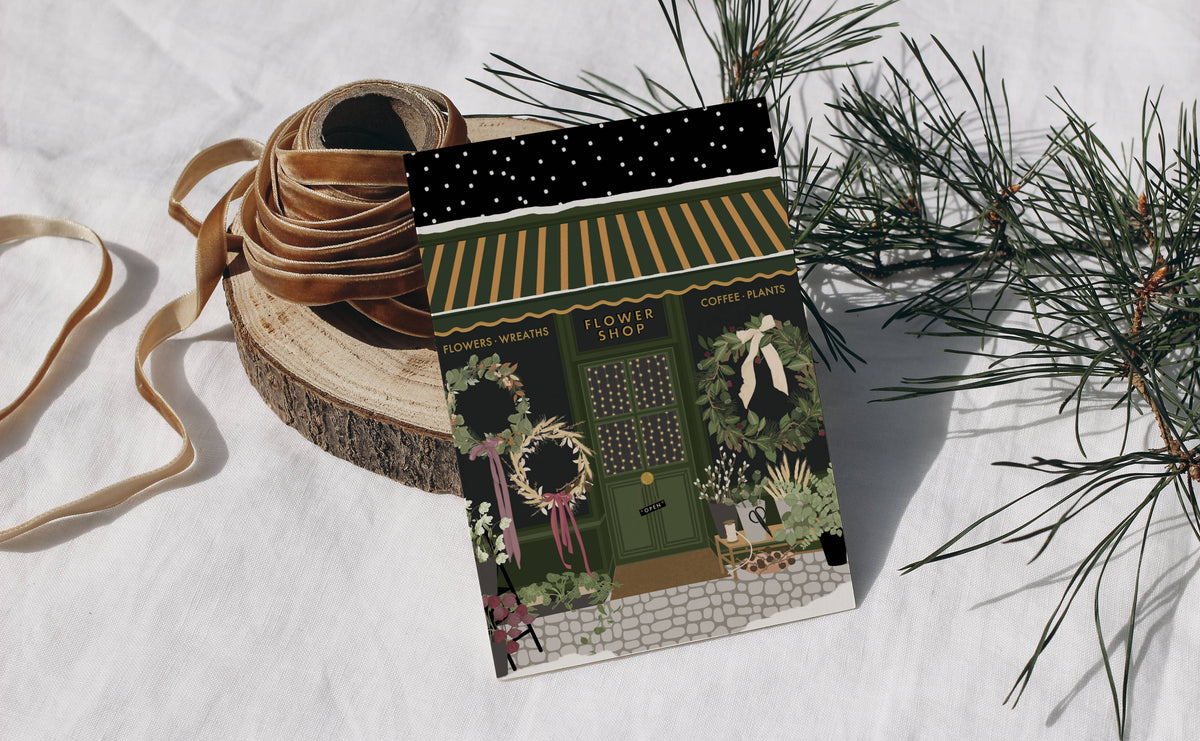 Flower Shop Florist Christmas Window Scene Greetings Card: Cornstarch sleeves
