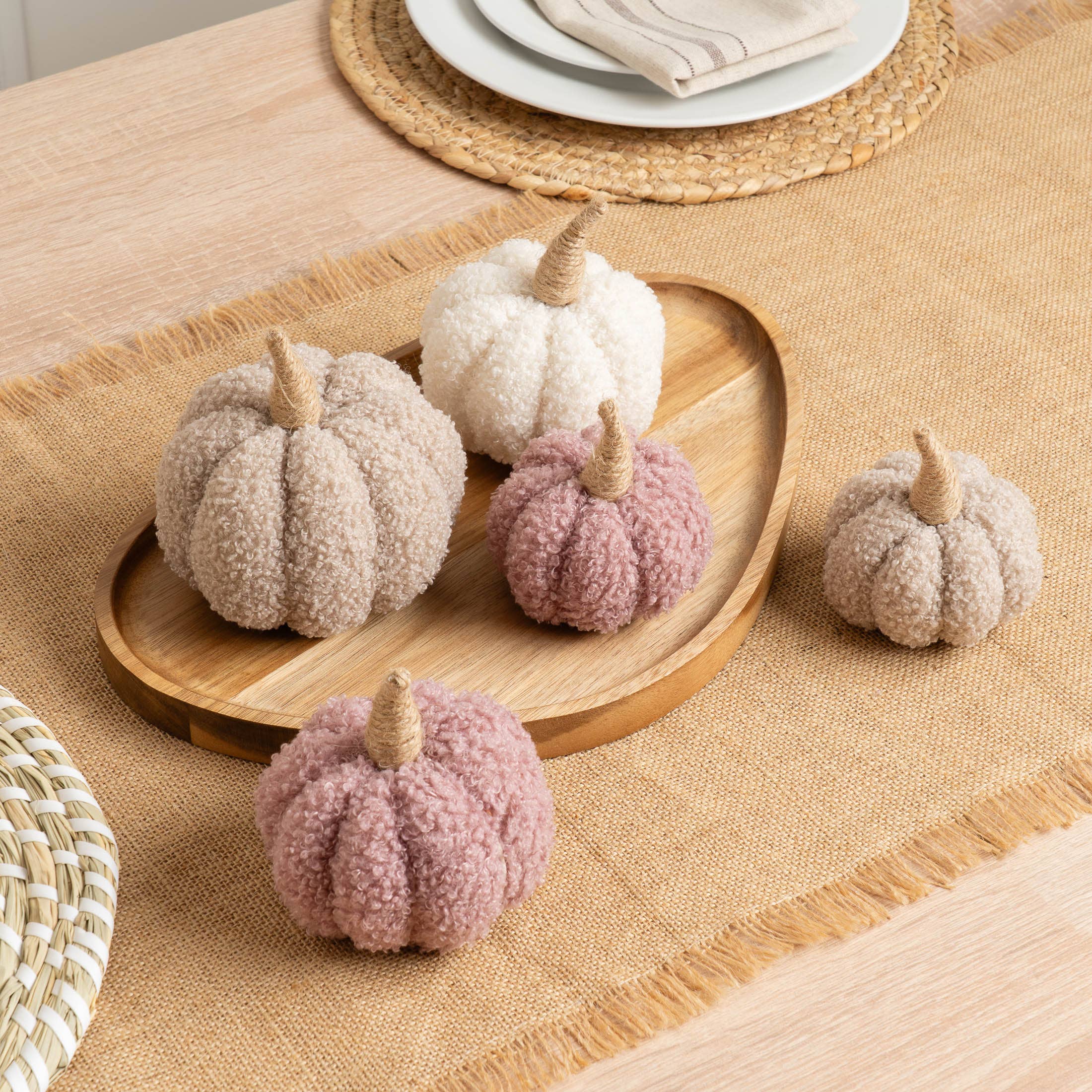 Set of 5 Decorative Boucle Pumpkins Pink Beige